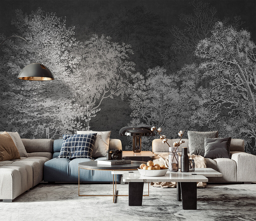 Enchanted Forest Monochrome Whispers Textured Mural