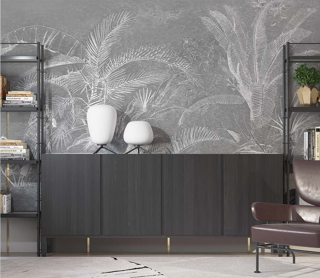 Elegant Tropical Etched Monochrome Botanical Mural
