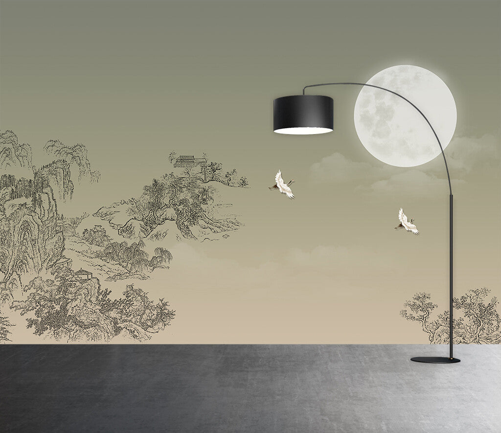 Misty Mountains Oriental Sketch Scenic Wallpaper