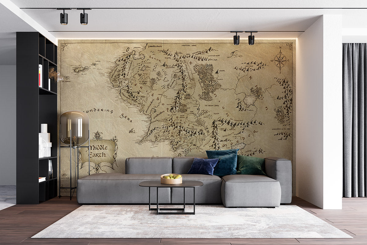 Lotr Map Art Fantasy Brown Wallpaper Mural,Self-Adhesive Peel And Stick 3D Wall Decor,Removable Designer Wall Decor