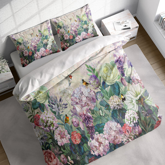 Flowers Birds Floral Bright 3D Duvet Cover Set W Pillow Cover, Single Double Queen King Size, Printed Cotton Quilt Doona Cover 3 Pcs