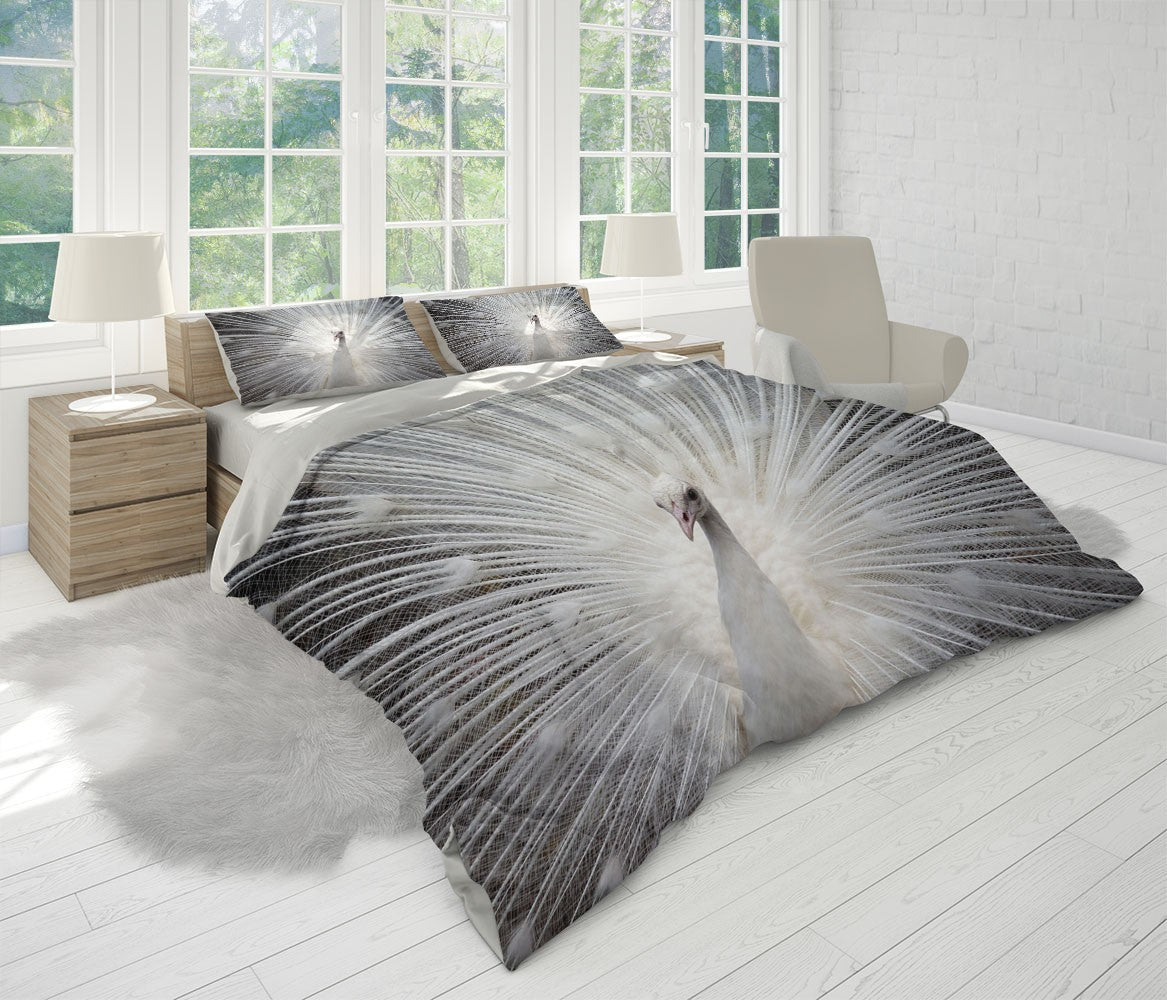 White Peacock Animals Black And White 3D Duvet Cover Set W Pillow Cover, Single Double Queen King Size, Printed Cotton Quilt Doona Cover