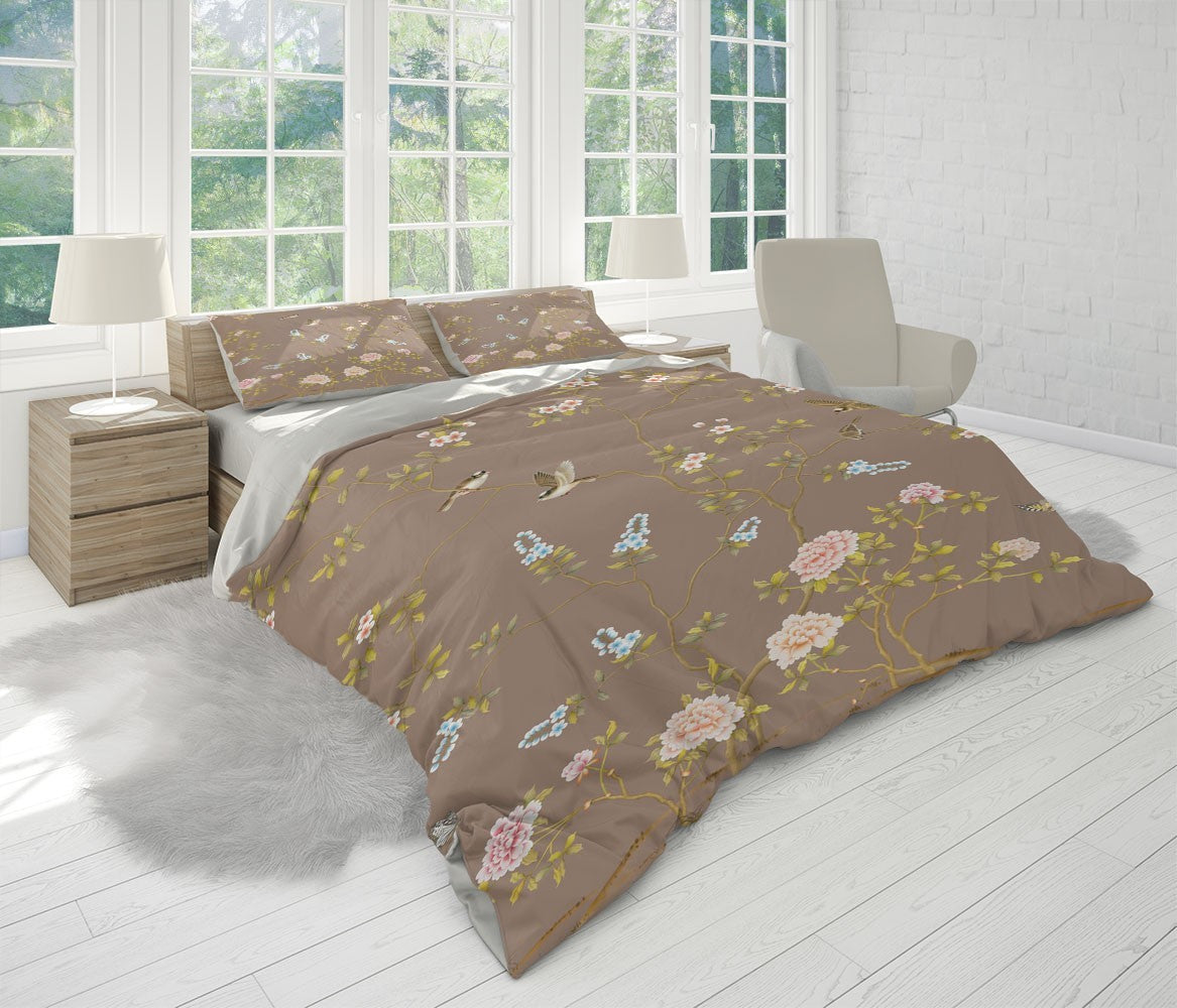 Birds Flowers Duvet Cover Set W Pillow Cover, Brown Art Chinoiserie 3D Quilt Cover, Single Double Queen King Size Doona Cover