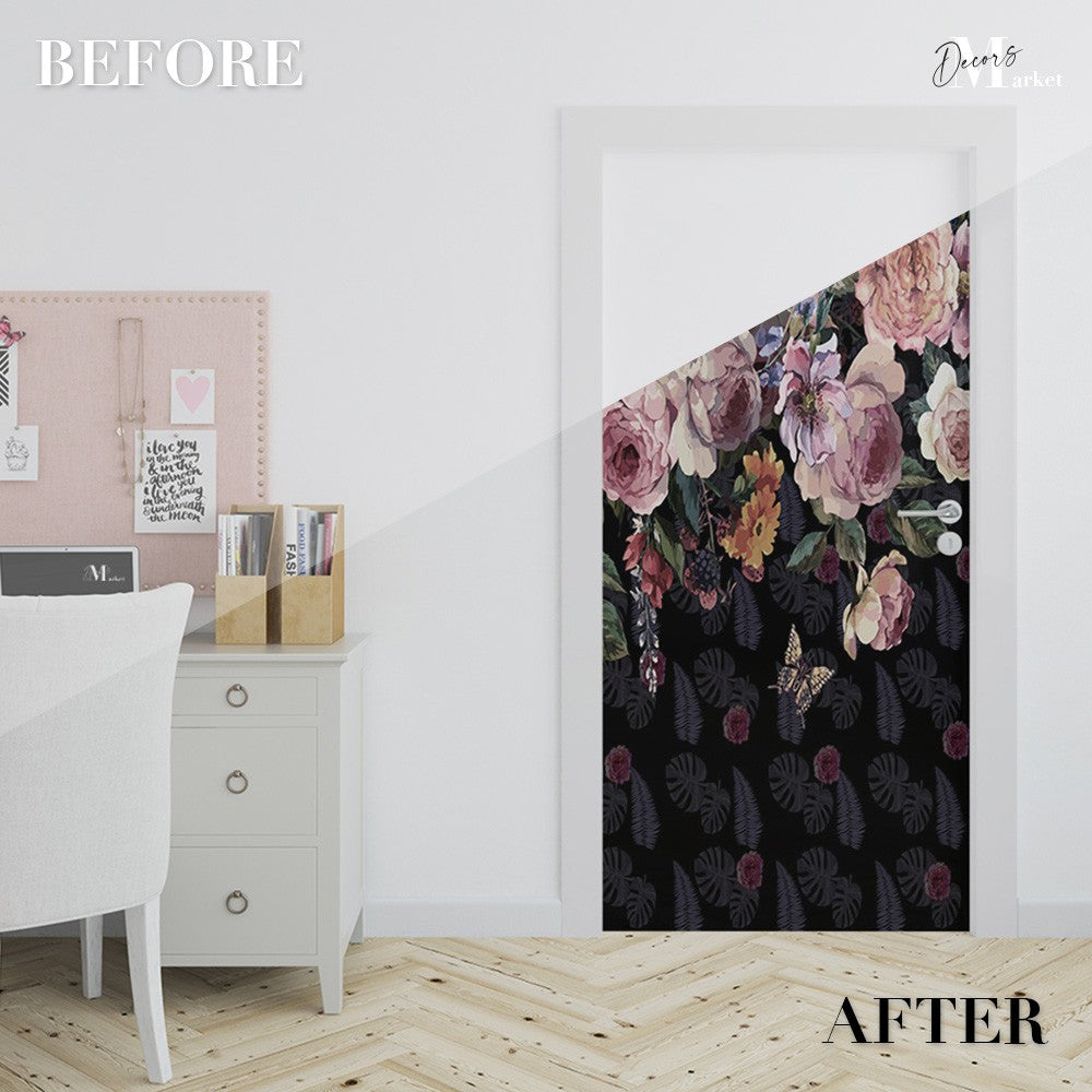 Roses Floral Flowers Door Wrap, Customized Mural For Door, Door Mural Sticker, Peel And Stick Door Cover, Removable Door Decal