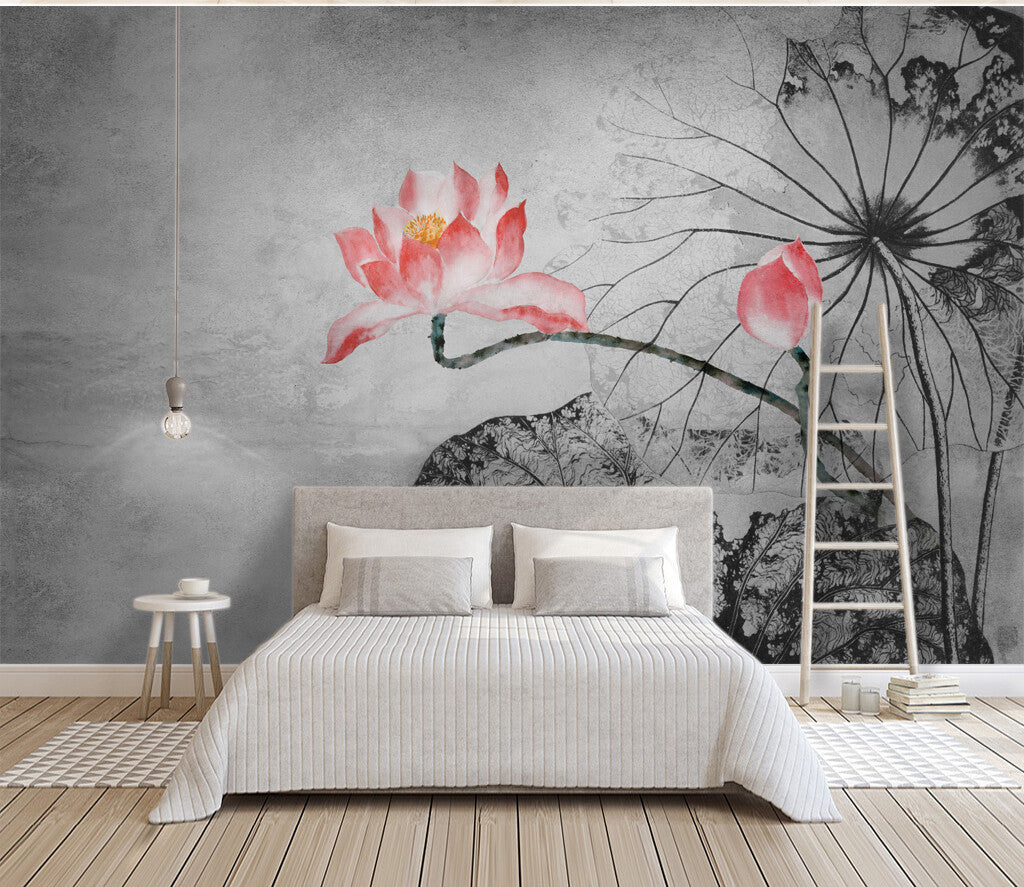 Elegant Lotus Bloom Oriental-Inspired Wall Mural
