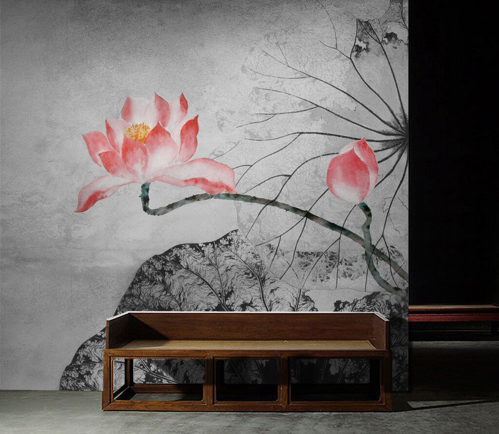 Elegant Lotus Bloom Oriental-Inspired Wall Mural
