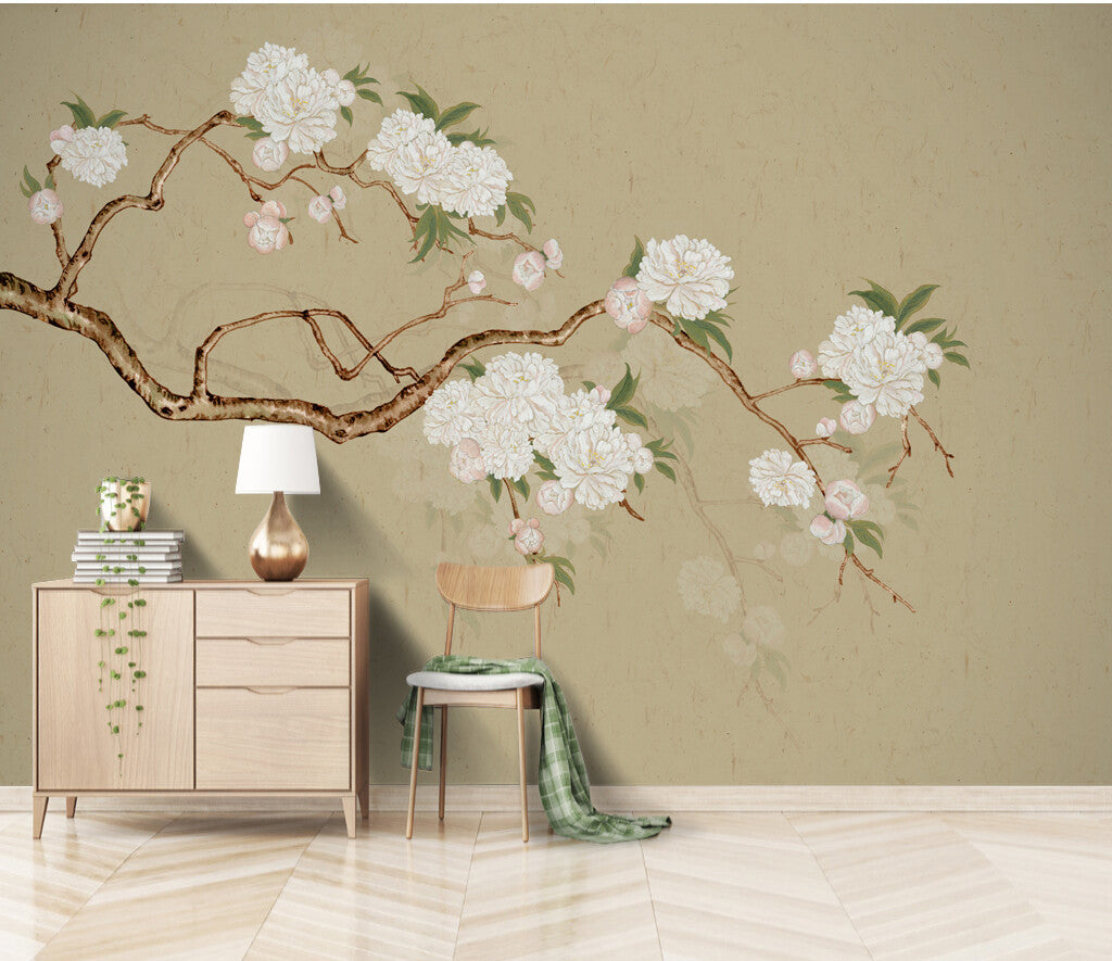 Elegant Blossoming Peonies Vintage Oriental Wallpaper
