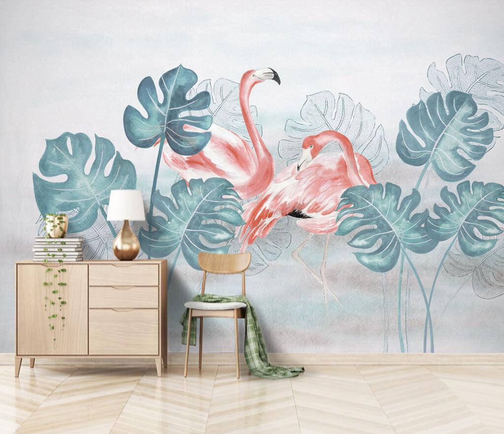 Enchanted Flamingo Tropical Monstera Whisper Mural