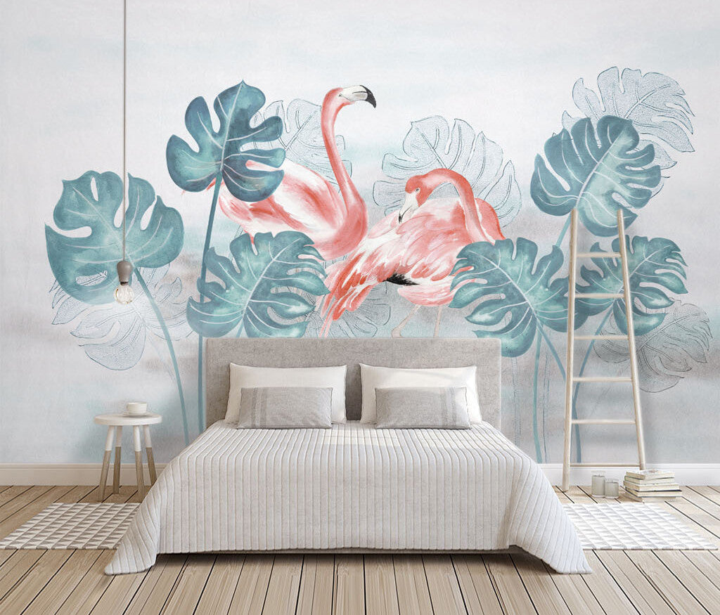 Enchanted Flamingo Tropical Monstera Whisper Mural