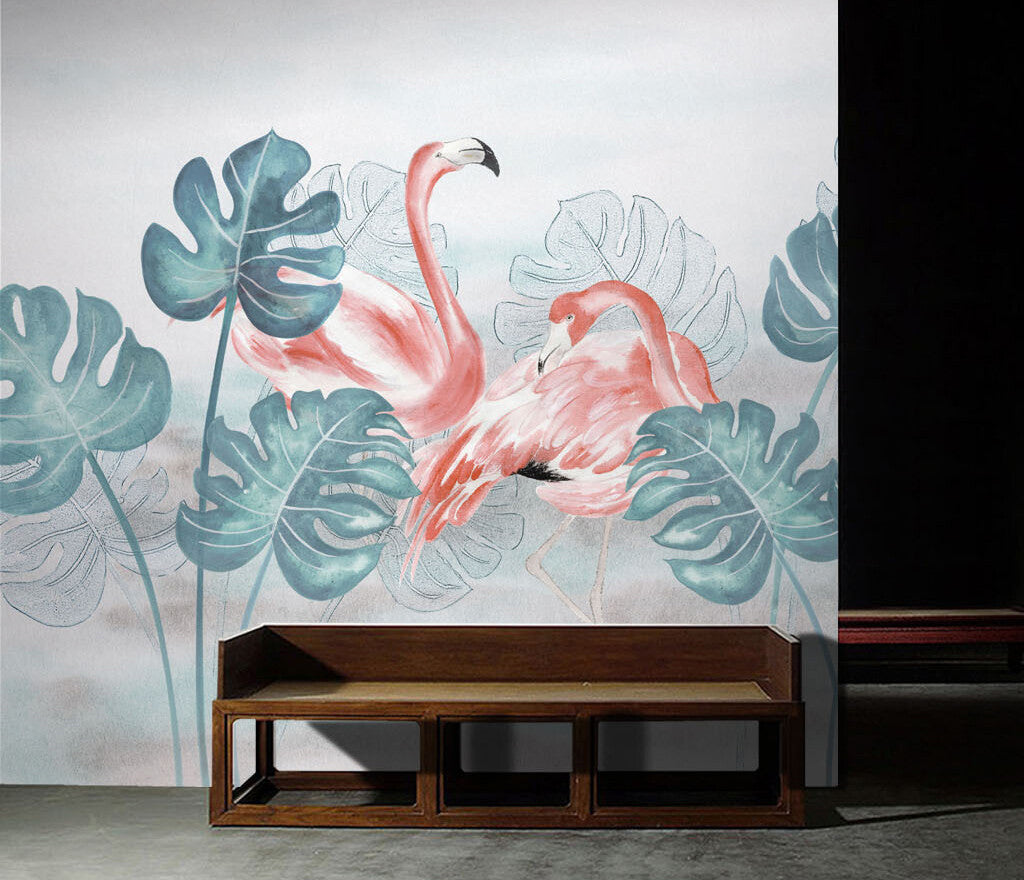 Enchanted Flamingo Tropical Monstera Whisper Mural