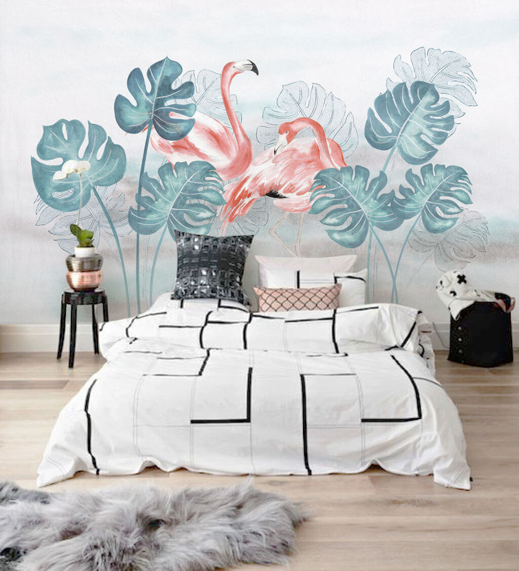 Enchanted Flamingo Tropical Monstera Whisper Mural