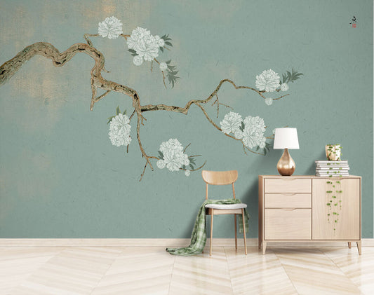 Elegant Blossom Branches Serene Jade Wallpaper