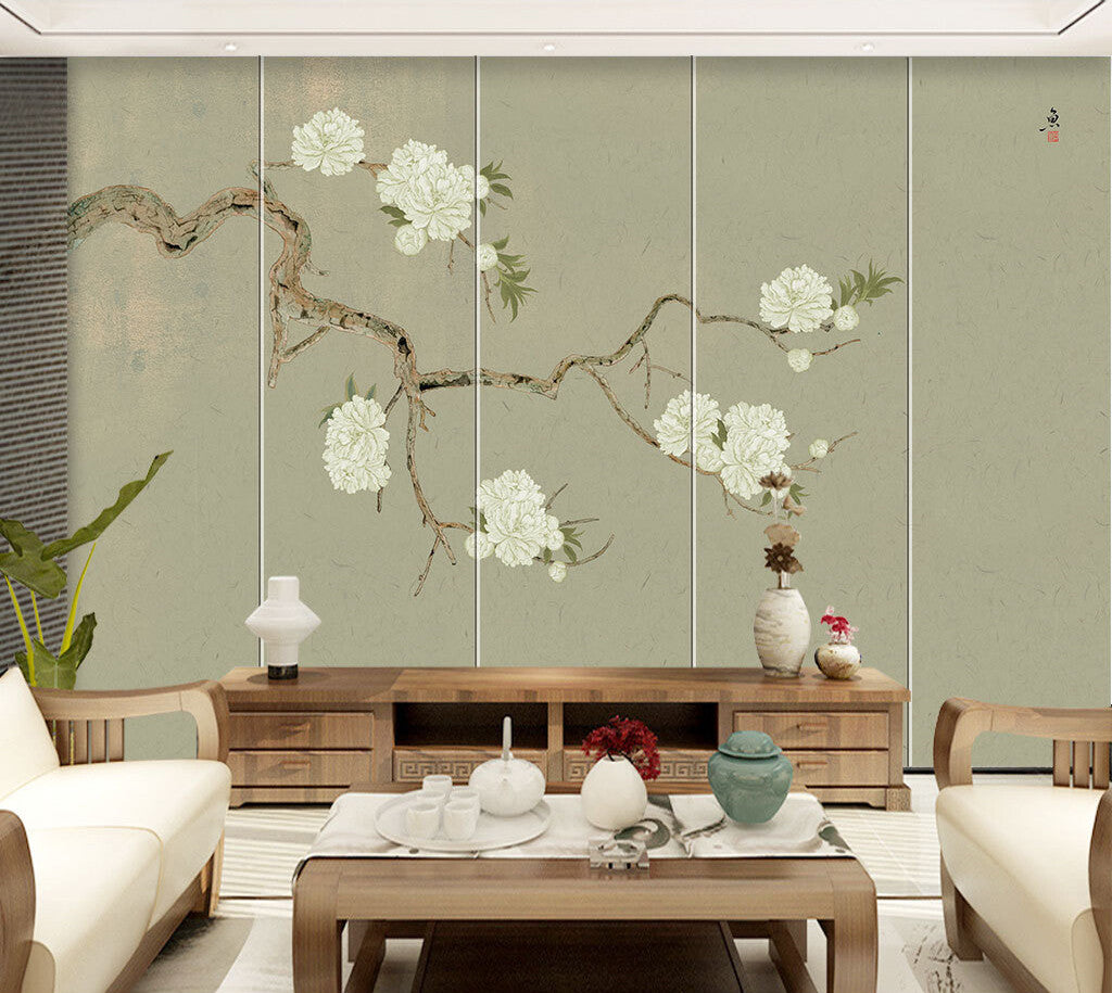 Elegant Blossom Branches Serene Jade Wallpaper