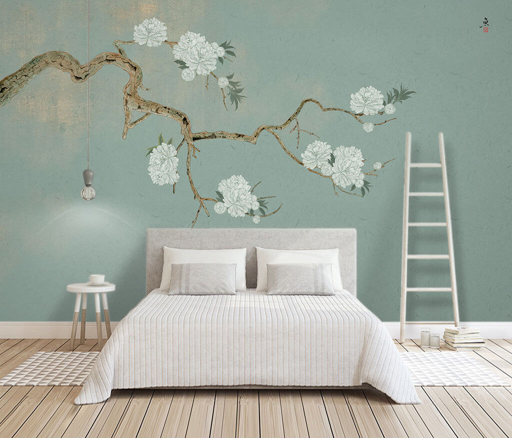 Elegant Blossom Branches Serene Jade Wallpaper