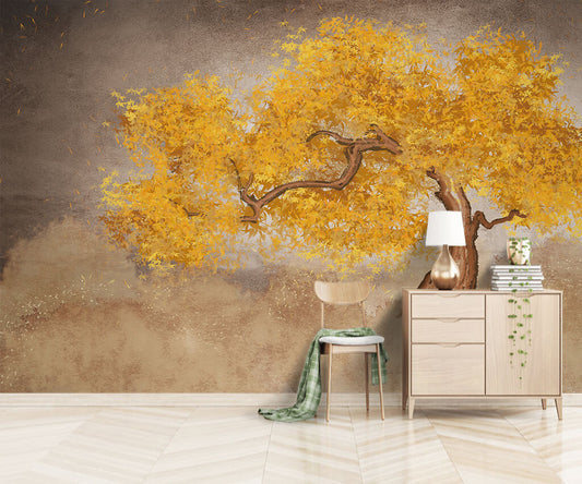 Autumn Whispers Golden Tree Artistic Mural