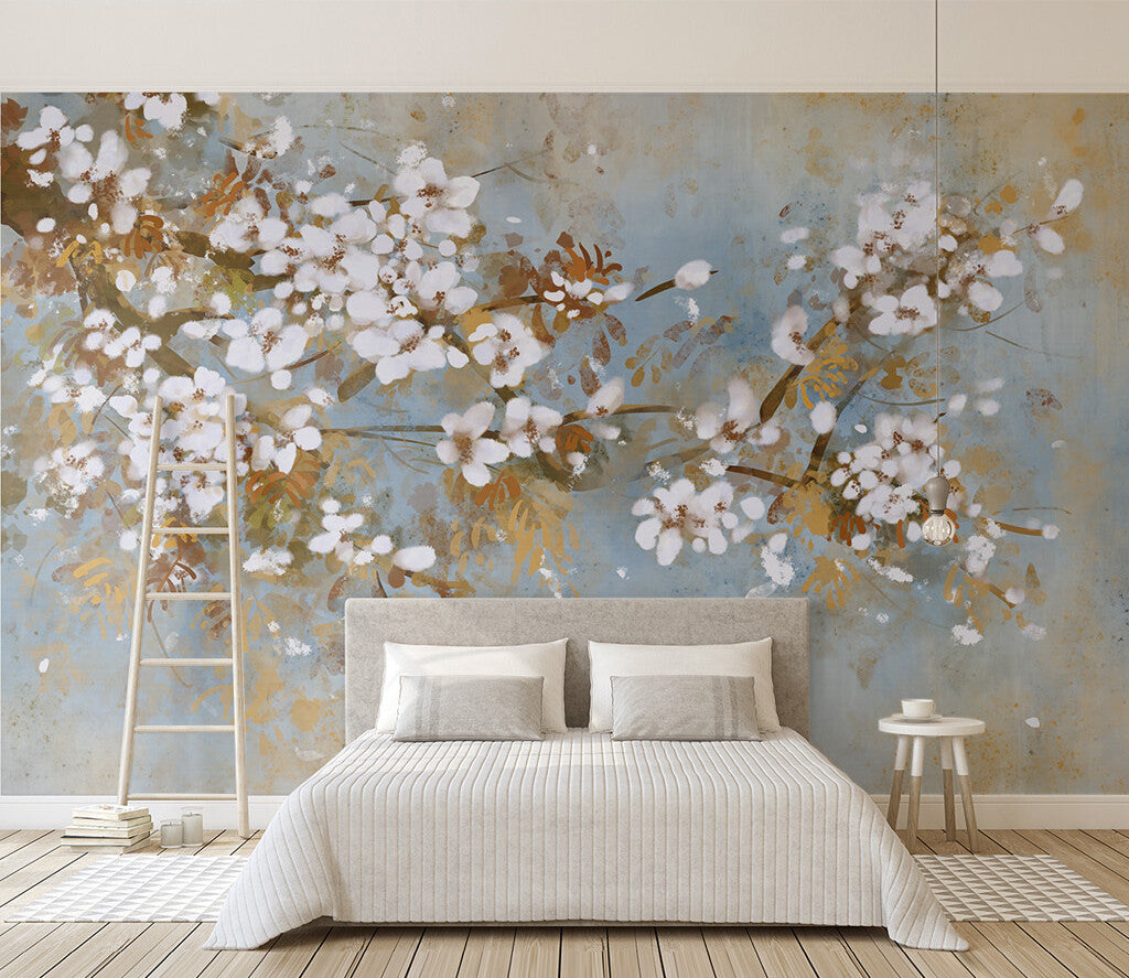 Ethereal Blossoms Grunge Elegance Wall Mural