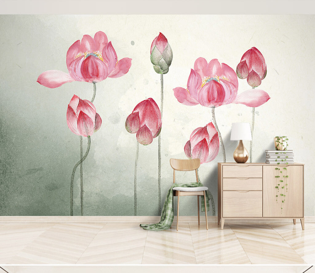 Blossoming Elegance Watercolor Lotus Floral Mural