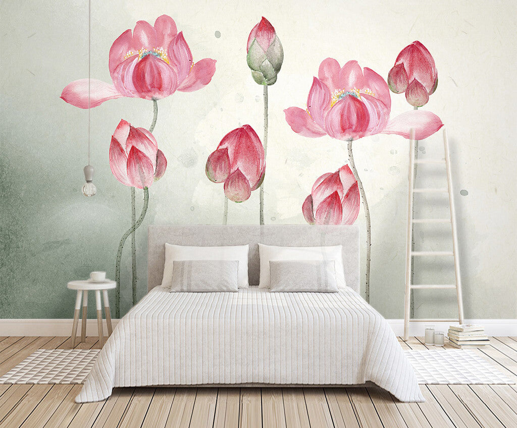 Blossoming Elegance Watercolor Lotus Floral Mural
