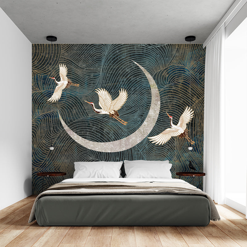 Poised Flight Contemporary Asian Art Wallpaper Mural, Chinoiserie Japanese Crane Water Lake Wall Decal, Self-Adhesive Peel And Stick 3D Wall Decor, Removable Australian Company Wall Decor