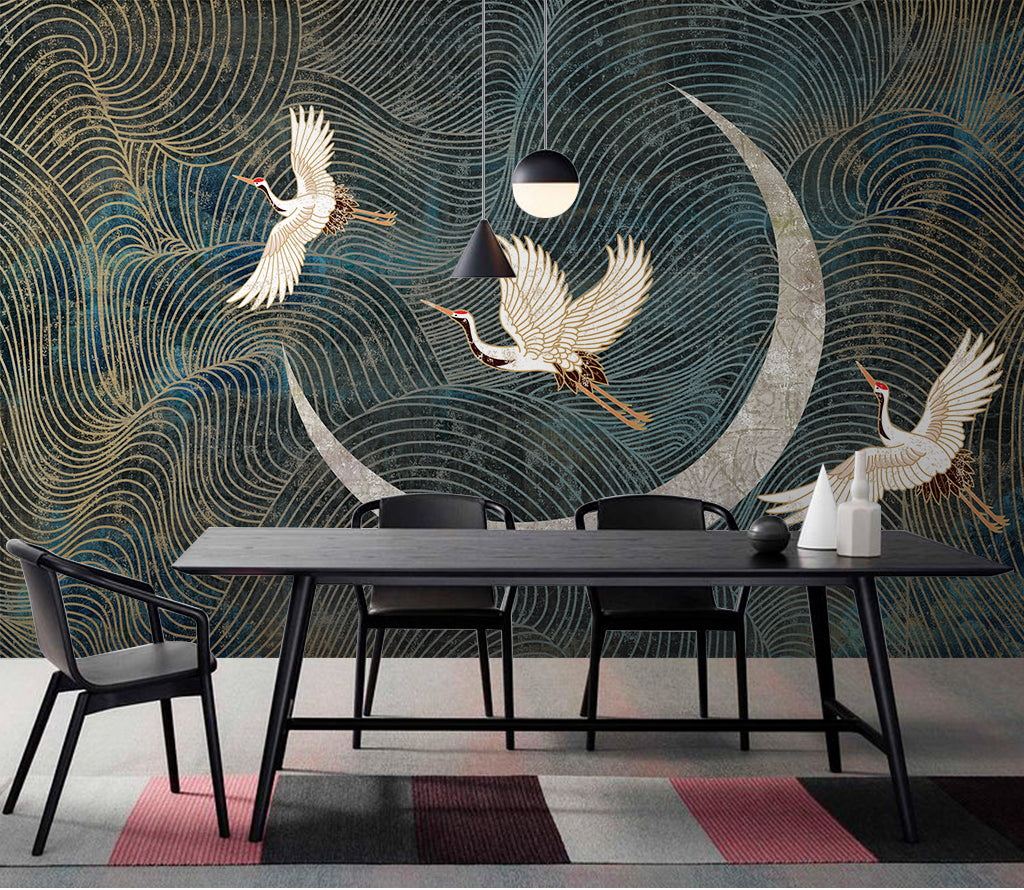 Poised Flight Contemporary Asian Art Wallpaper Mural, Chinoiserie Japanese Crane Water Lake Wall Decal, Self-Adhesive Peel And Stick 3D Wall Decor, Removable Australian Company Wall Decor