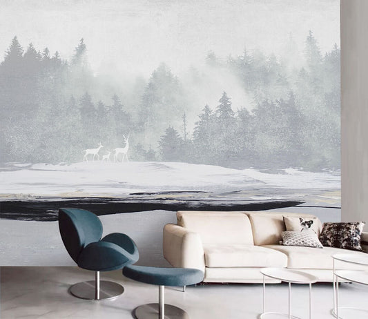 Misty Forest Deer Silhouette Serene Wallpaper