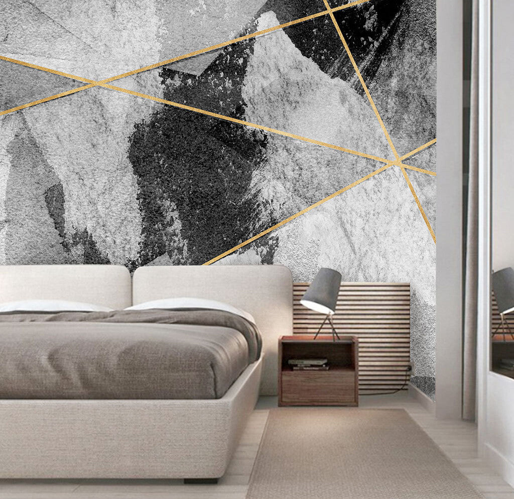 Abstract Geometric Marble Gold Accent Wallpaper