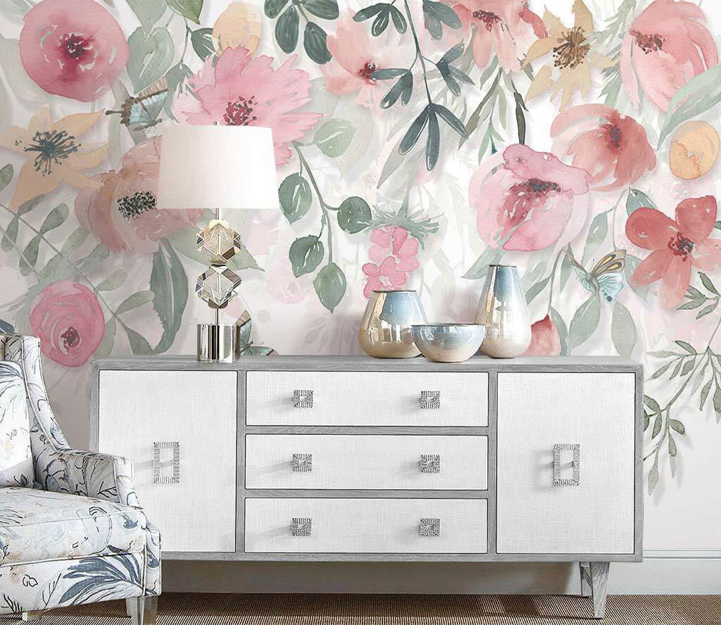 Whimsical Blossom Elegance Pastel Botanical Mural