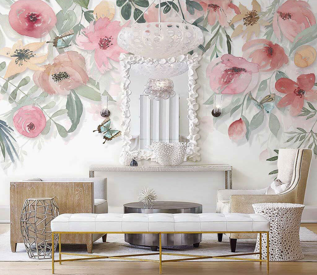 Whimsical Blossom Elegance Pastel Botanical Mural