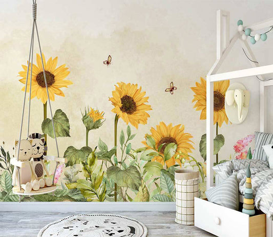 Blooming Sunflowers Whimsical Nature Children's Wallpaper