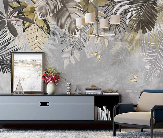 Tropical Elegance Gray Botanical Exquisite Mural Wallpaper