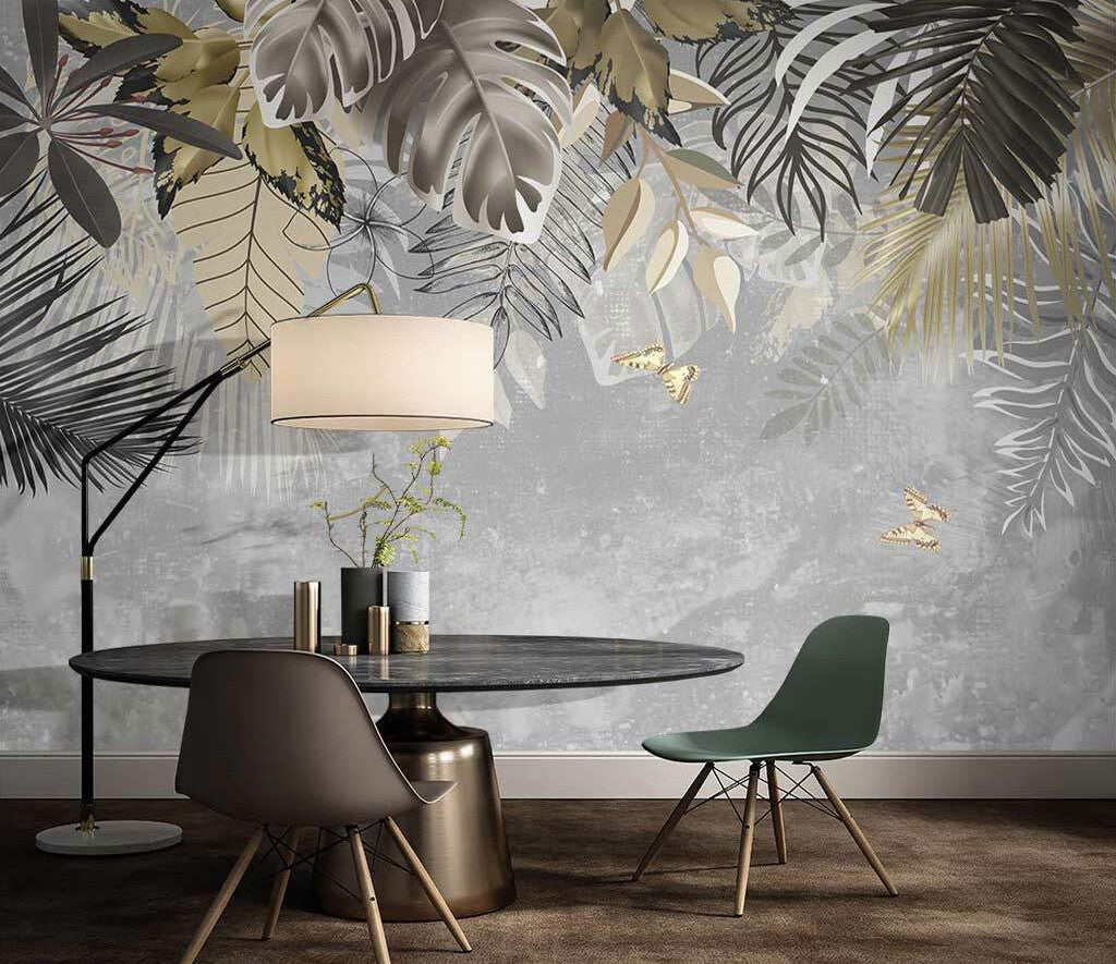 Tropical Elegance Gray Botanical Exquisite Mural Wallpaper