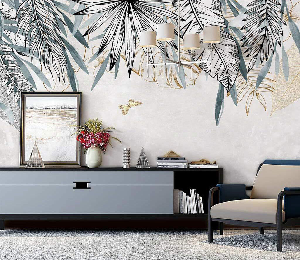 Tropical Elegance Botanical Sketch Monochrome Wallpaper