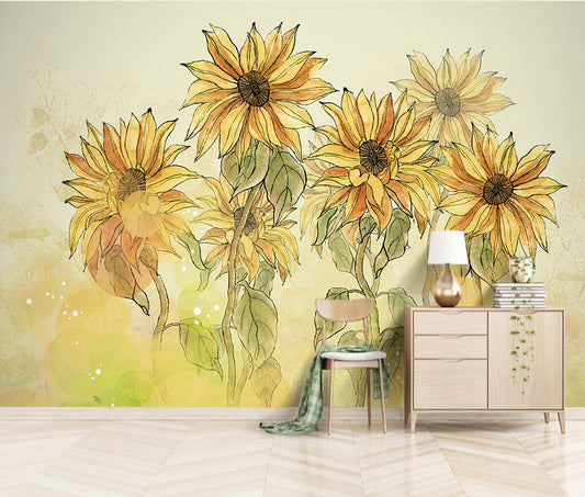 Sunflower Sketches Vintage Elegance Botanical Mural