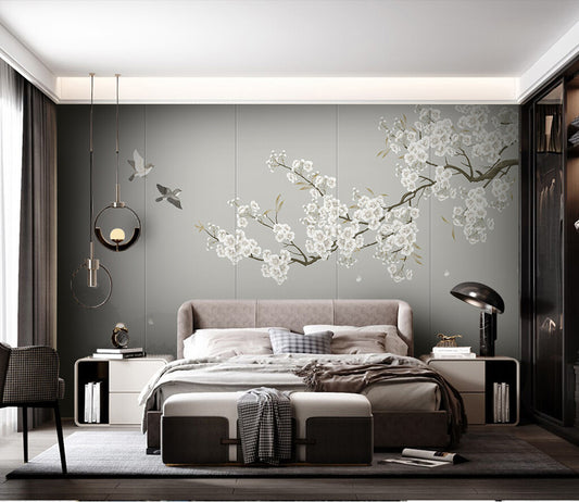 Elegant Blossom Symphony Tranquil Bedroom Mural