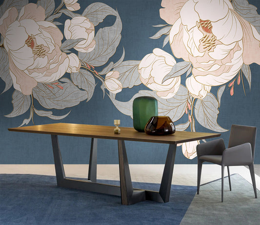 Elegant Blooms Artisanal Textured Denim Wallpaper