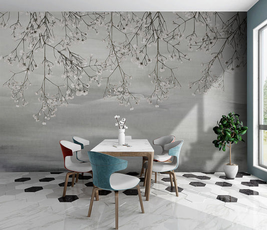 Ethereal Blossom Silhouettes Enchanting Monochrome Mural