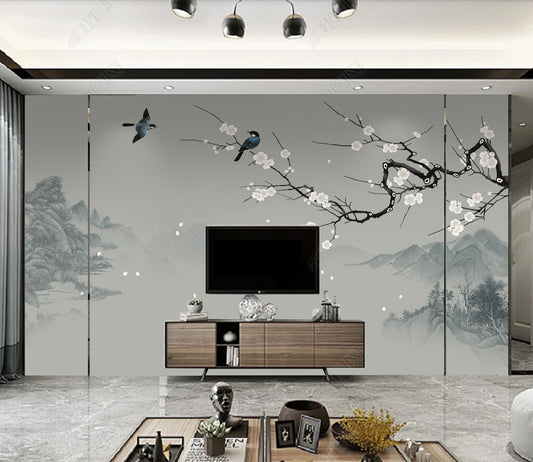 Elegant Blossoms Birds Oriental Scene Mural