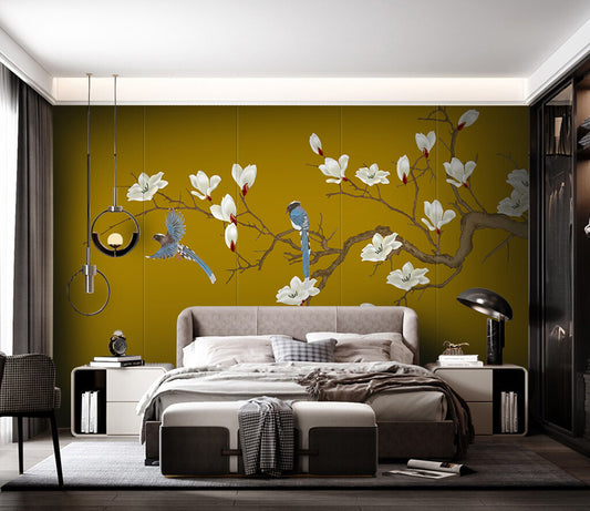 Enchanted Garden Birds Mustard Blossom Wallpaper