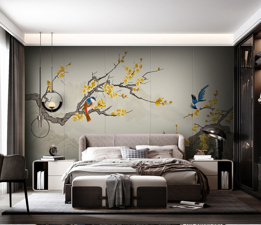Elegant Blossom Birds Oriental-Inspired Bedroom Wallpaper