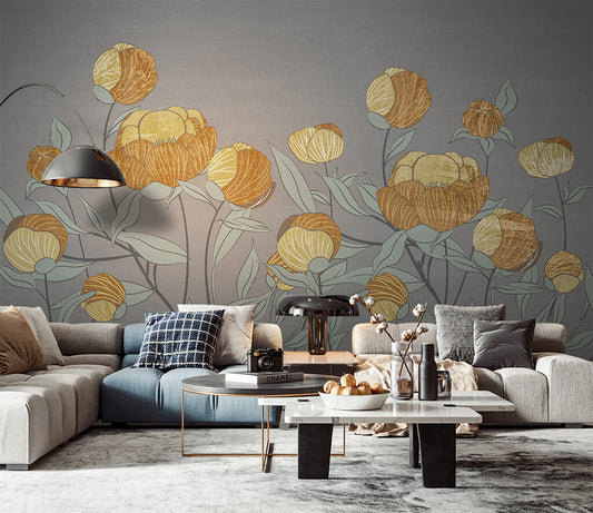 Golden Blossoms Elegance Botanical Artistic Wallpaper