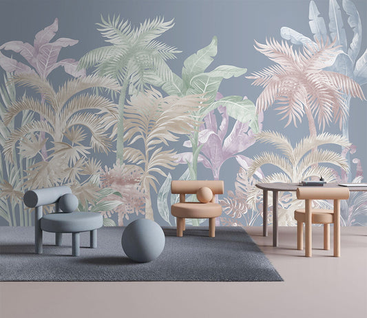 Tropical Elegance Pastel Botanical Oasis Wallpaper