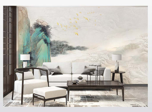 Tranquil Mountain Mist Asian-Inspired Wall Mural