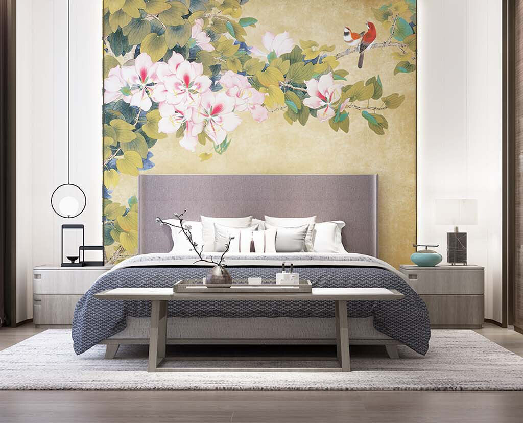 Blossoming Elegance Bird Garden Artistic Wallpaper