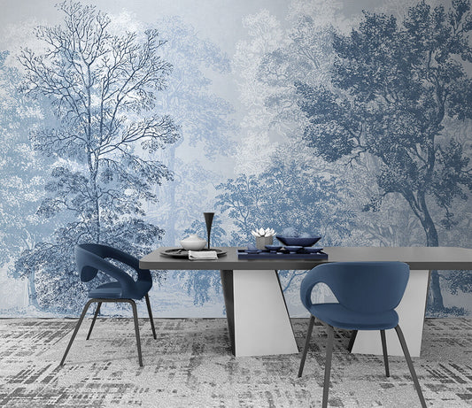 Ethereal Blue Forest Mist Designer Wallpaper