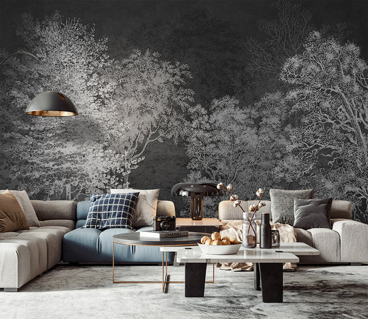 Enchanted Forest Monochrome Whispers Textured Mural