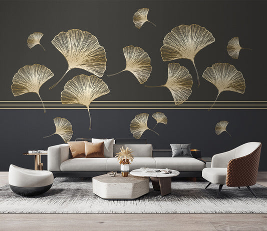 Elegant Gilded Ginkgo Leaves Dramatic Wallpaper