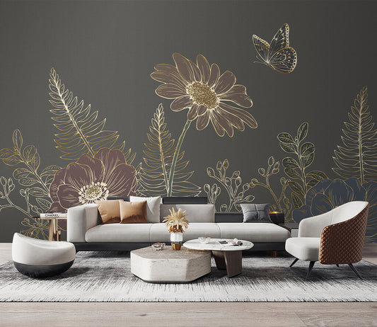 Elegant Botanical Gold Accent Charcoal Wallpaper