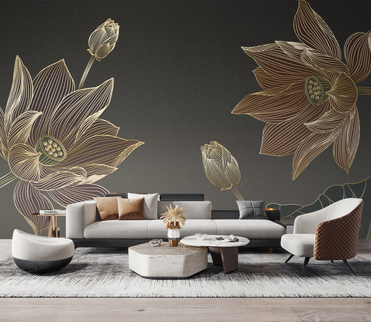 Elegant Botanical Lines Charcoal Luxe Wallpaper