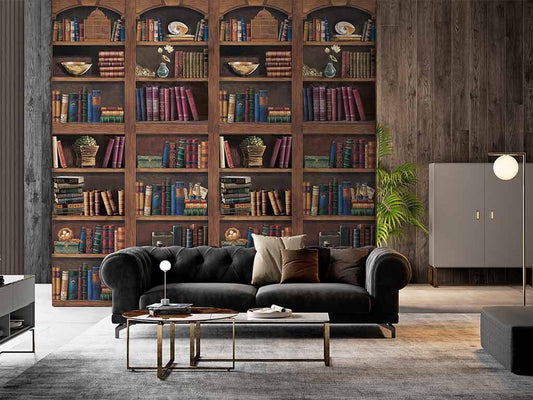 Vintage Library Bookshelf Elegant Wall Mural