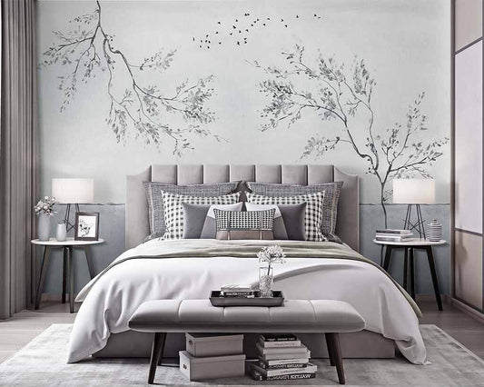 Tranquil Monochrome Tree Branch Silhouette Mural